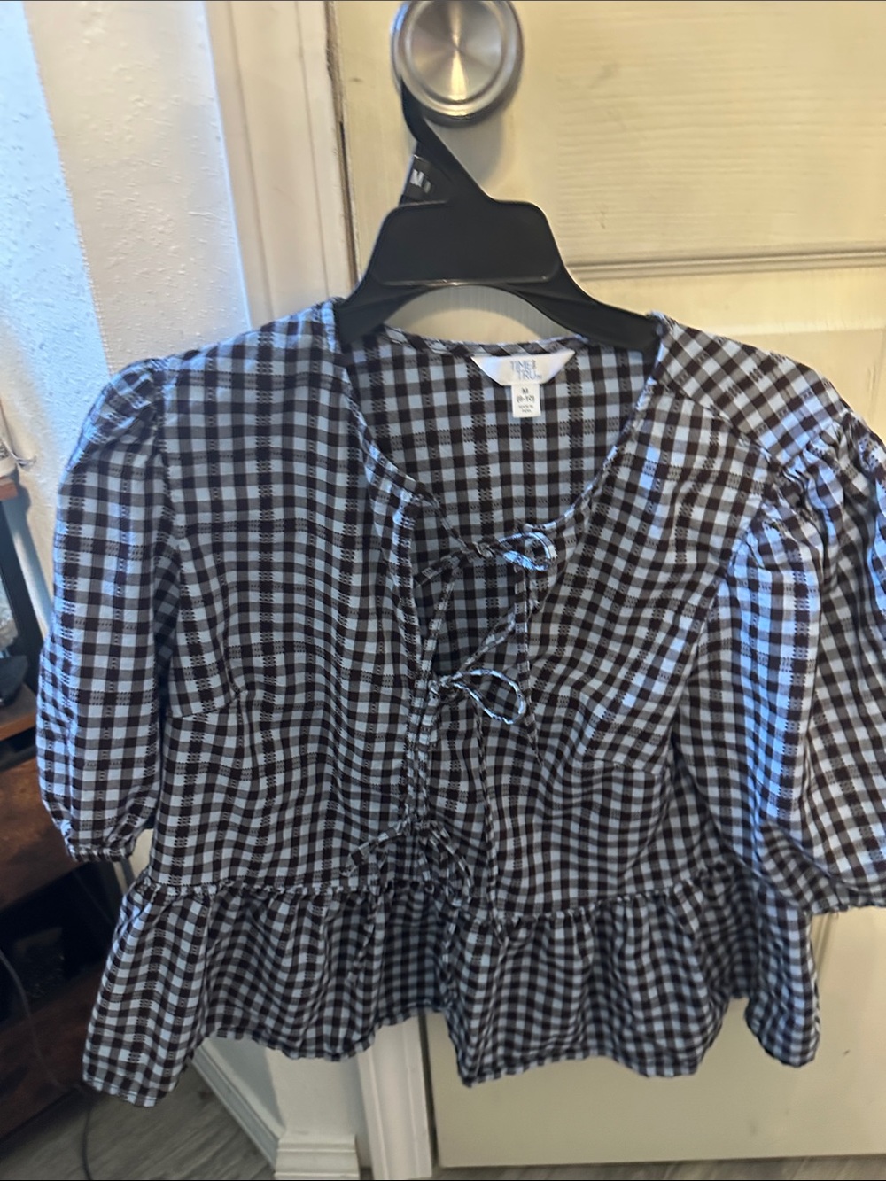 Madewell Black and White Gingham Lace-Up Peplum Blouse